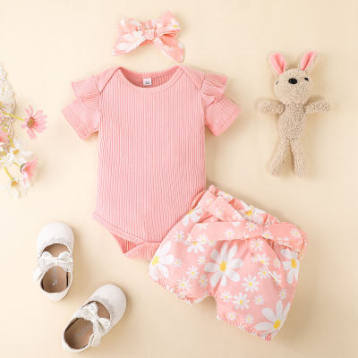 Baby Girl Beautiful Ruffle-sleeve Bodysuit And Floral Shorts with Headband