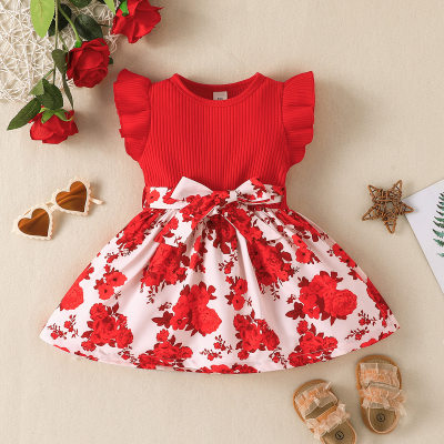 2-قطعة طفلة الأزهار المطبوعة المرقعة فستان بلا أكمام وحزام Bowknot