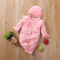 Baby Sweet Ruffle Lace Long-sleeve Jumpsuit With Hat  Pink