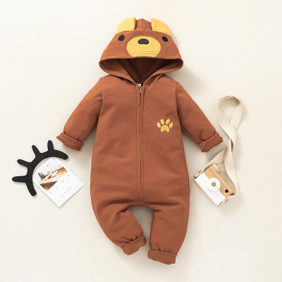 Baby Solid Color Cartoon Dog Style Hooded Long-sleeved Long-leg Zip-up Romper
