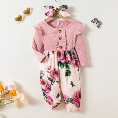 2-piece Baby Girl Ruffled Floral Patchwork Button Front Romper & Bowknot Headwrap