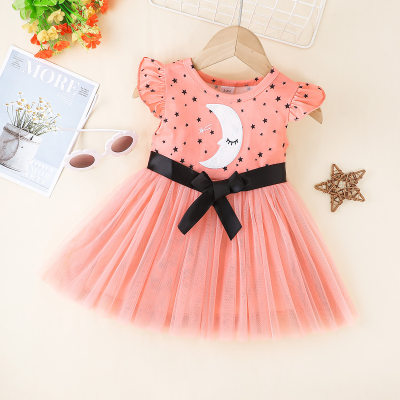 Baby Girl  Star And Moon Print Patchwork  Tulle Dress
