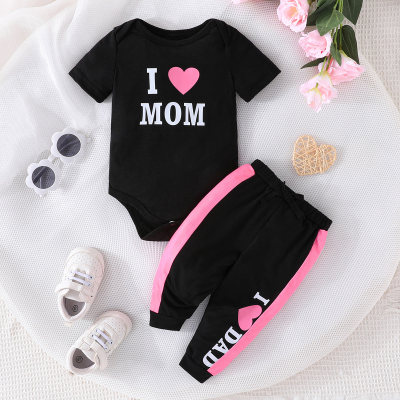 2-piece Baby Girl Letter and Heart Printed Short Sleeve Romper & Patchwork Pants