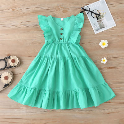 Toddler Girl Solid Color Ruffled Button Front V-neck Sleeveless Dress
