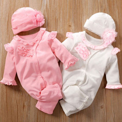 Baby Sweet Ruffle Lace Long-sleeve Jumpsuit With Hat