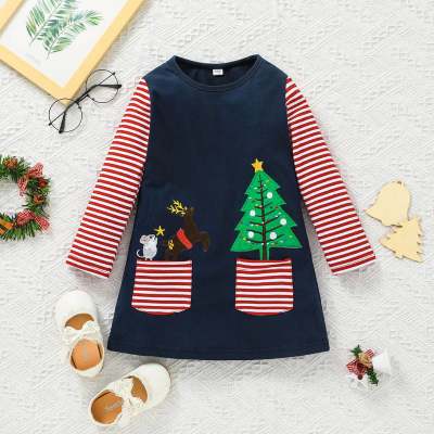 Toddler Girl Christmas Style Stripe Patchwork Long Sleeve Dress