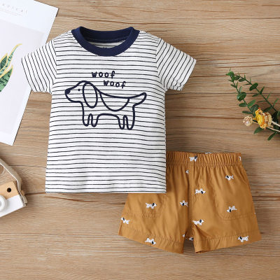 2-piece Baby Boy Pure Cotton Striped Dog Pattern T-shirt & Matching Shorts