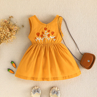 Baby Girl Pure Cotton Solid Color Floral Embroidered Sleeveless Dress