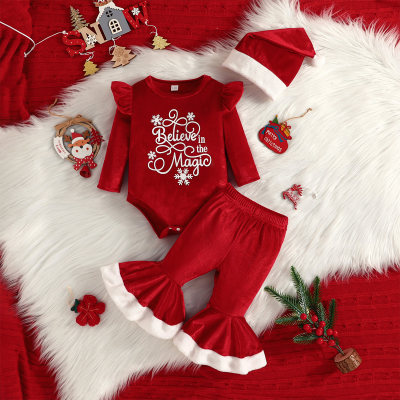 Bebé niña, 3 piezas, mono estampado con letras de ciervo navideño, pantalones acampanados y gorro