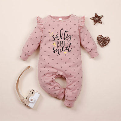 Baby Girl Pure Cotton Letter Pattern Polka Dotted Long Fly Sleeve Long-leg Romper