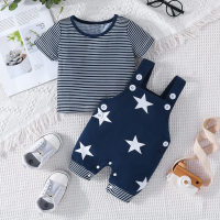 2-piece Baby Boy Striped Short Sleeve T-shirt & Allover Star Printed Dungarees  Blue