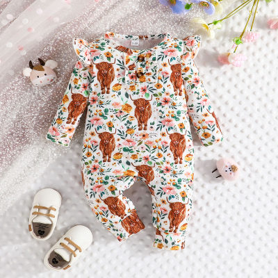 Baby girl Floral Cattle Printed Long-sleeved Jumpsuit