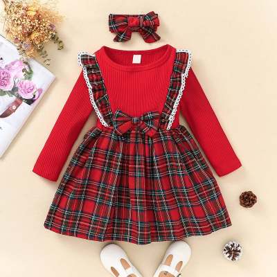 Baby Girl Pure Cotton Ruffled Plaid Patchwork Bowknot Decor Long Sleeve Dress