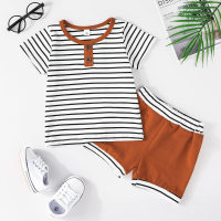 2-piece Baby Boy Pure Cotton Striped T-shirt & Matching Shorts  Brown