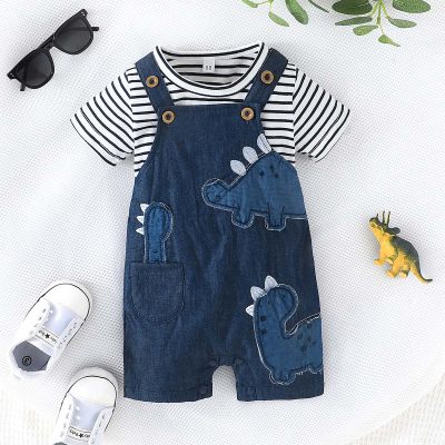 2-piece Baby Boy Striped T-shirt & Dinosaur Embroidered Dungarees