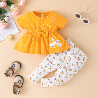 2-piece Baby Girl Polka Dotted Bowknot Decor Short Sleeve Blouse & Allover Printing Pants