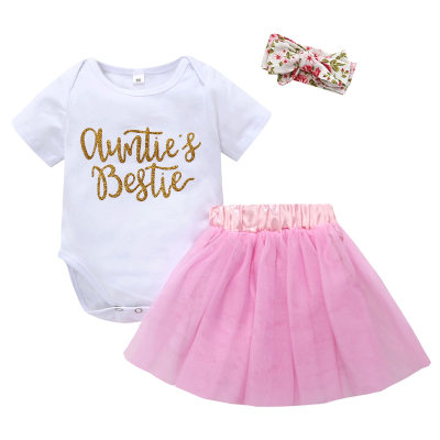 3-piece Baby Girl Letter Printed Short Sleeve Romper & Mesh Patchwork Skirt & Floral Headwrap