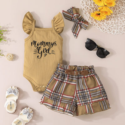 Baby Girl Solid Colour Bodysuit And Plaid Shorts with Headband