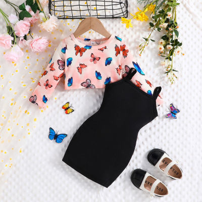 2-piece Toddler Girl Allover Butterfly Printed Long Sleeve Top & Solid Color Strap Dress