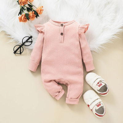 Baby Girl Pure Cotton Solid Color Ribbed Button Front Long Fly Sleeve Long-leg Romper