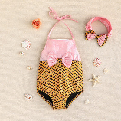 2-قطعة من قطعة واحدة طفلة حورية البحر نمط المرقعة Bowknot ديكور ملابس السباحة البدلة وغطاء الرأس