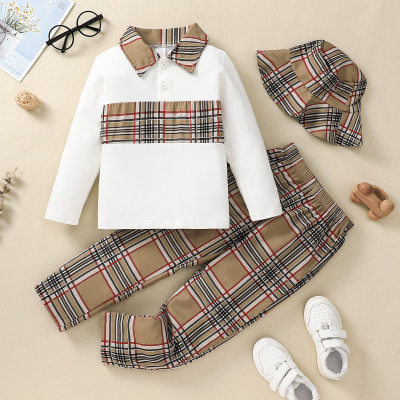3-piece Toddler Boy Plaid Patchwork Button Decor Long Sleeve Polo Shirt & Plaid Pants & Matching Hat