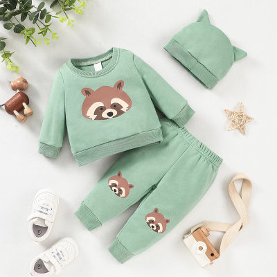 3-piece Baby Boy Little Raccoon Printed Long Sleeve Top & Matching Pencil Pants & Solid Color Hat