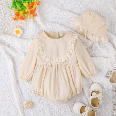 Baby Solid Color Long Sleeve Lace Triangle Romper With Hat