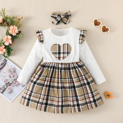 2-piece Baby Girl Heart Pattern Plaid Patchwork Long Fly Sleeve Dress & Matching Headwrap