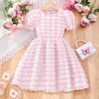 Little girl's casual bubble plaid short-sleeved round neck dress  Pink
