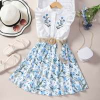 Kid Floral Tropical Lining Embroidered Sleeveless Bouse & Knee Length Skirt With Belt  Blue