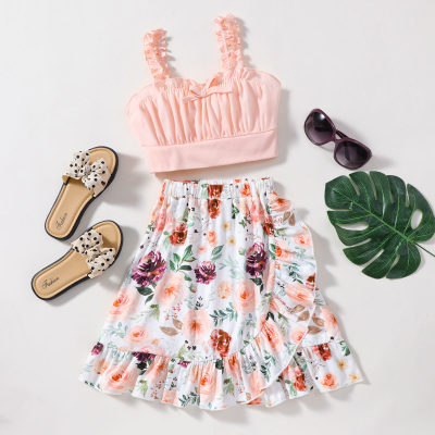 Kid Girl Solid Color Suspenders Top & Floral full print A-line skirt Suit