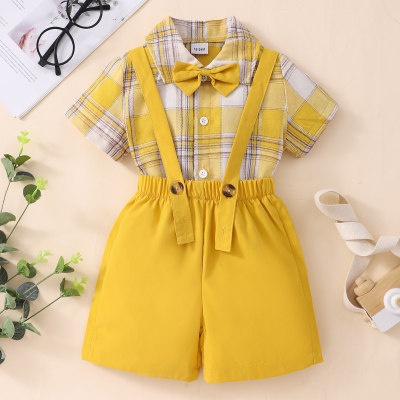 2-piece Toddler Boy Plaid Bowtie Decor Short Sleeve Shirt & Solid Color Suspender Shorts