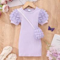 Children's puff sleeve round neck solid color dress with bag  Purple