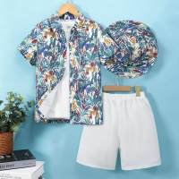 Boys' Plant Print Shirt + Solid Color Shorts (Including Printed Hat)  White