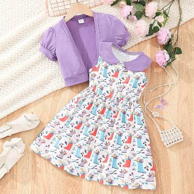 Girls 2-piece solid color short-sleeved crop top + doll collar sleeveless cartoon all-over printed dress
