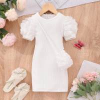 Small and medium-sized children's puff sleeve round neck solid color dress with bag  White