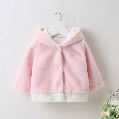 Baby Girl Solid Color Rabbit Style Hooded Button-up Plush Jacket