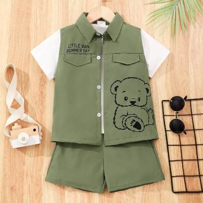 Boys 2-piece lapel shirt with bear letter print + solid color shorts set