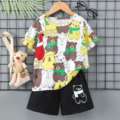Boy's bear print short-sleeved round neck T-shirt + bear print shorts