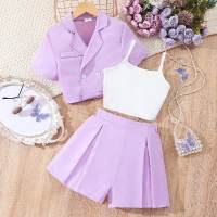 Conjunto casual de tres piezas de camisa con solapa de color liso para niña + camisola + pantalones cortos de color liso  Púrpura