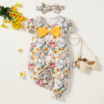 Baby Girl Floral Bowknot Bodysuit with Headband