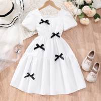 Older girl's casual solid color bow short-sleeved dress  White