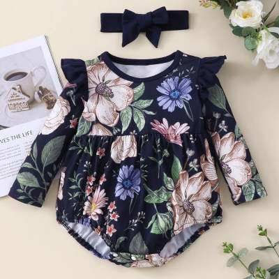 Baby Girl Allover Floral Printed Long Fly Sleeve Romper & Headwrap