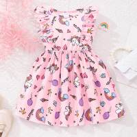 Girl's cartoon all-over printed flying sleeve dress  Pink