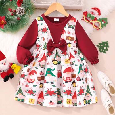 Toddler Girl Stylish Christmas Bow Stitching Long Sleeve Dress