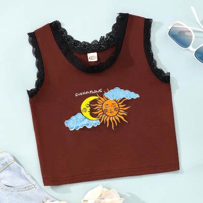 Older girl's sun and moon print lace vest