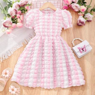 Little girl's casual bubble plaid short-sleeved round neck dress