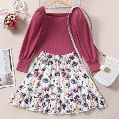 Kid Girl Solid Square Neck Puff Sleeve Top & Floral Skirt