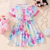 Toddler Girl Allover Floral Printed Short Sleeve Dress  Multicolor